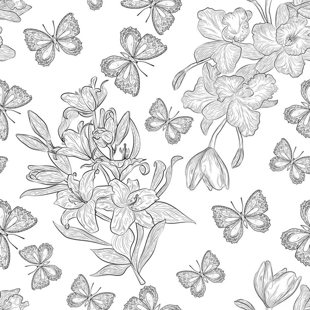 seamless pattern with hand drawn flowers. vector illustration. - Вектор,изображение