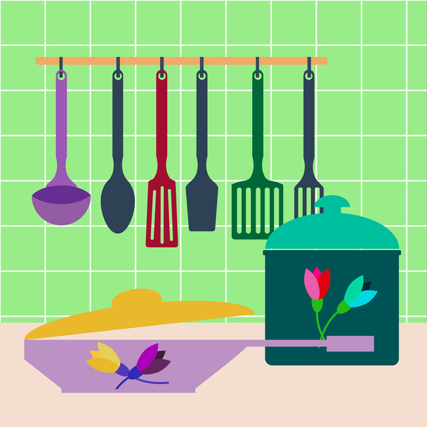Set of kitchen utensils , pots and pans . Vector - Vector, Imagen