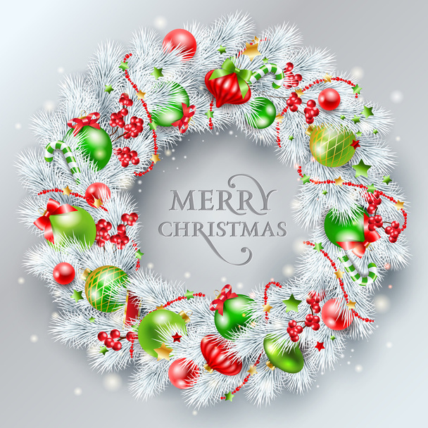 Christmas decoration. The wreath made of white pine branches wit - Vector, Image
