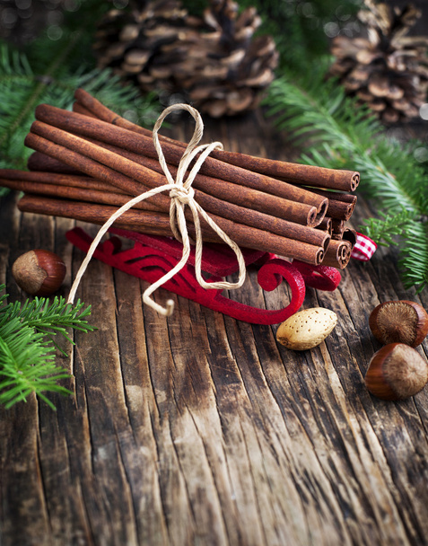 Joulu asetelma: kaneli, pähkinät ja kuusen oksat
 - Valokuva, kuva
