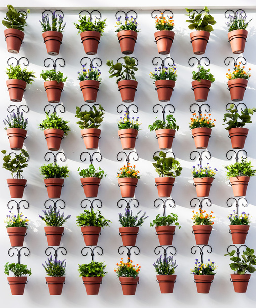 Wall with decorative flower pots as background - Photo, Image