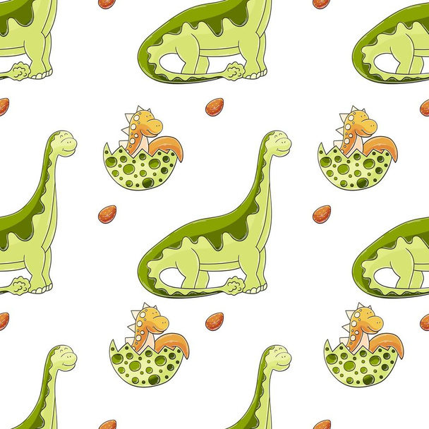 Dibujado a mano dinosaurios lindo patrón sin costura. Dinosaurios del período Jurásico. Impresión para el diseño de tela, textil, tela, papel pintado, envoltura - Vector, imagen