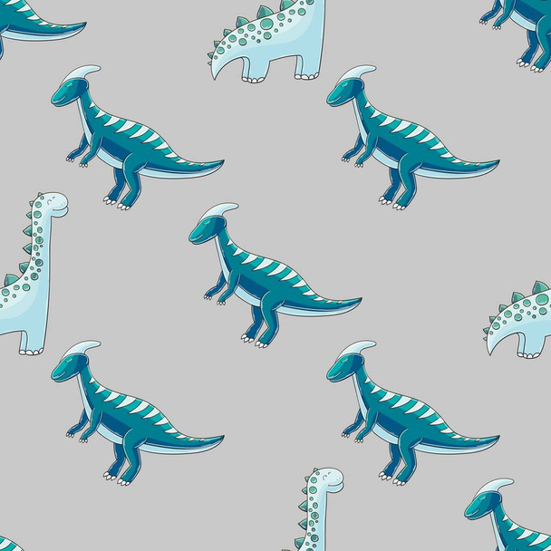 Handgezeichnete niedliche Dinosaurier nahtlose Muster. Dinosaurier Hintergrund in blauer Palette. Drucken - Vektor, Bild