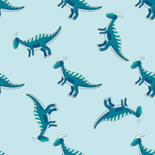 Dinosaurier Hintergrund in blauer Palette. Handgezeichnete niedliche Dinosaurier nahtlose Muster. Druck für Stoffdesign, Textil, Stoff, Tapete - Vektor, Bild