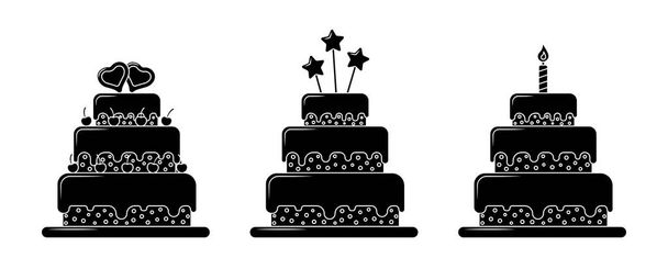 Vector glyph Birthday Cake set. Three black shapes of big desserts on white background - Wektor, obraz