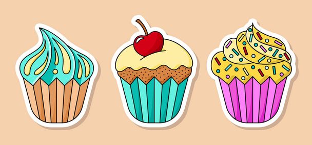 Vector cartoon cupcake stickers set. Three isolated sweet desserts with cherry, sprinkles and cream - Vetor, Imagem