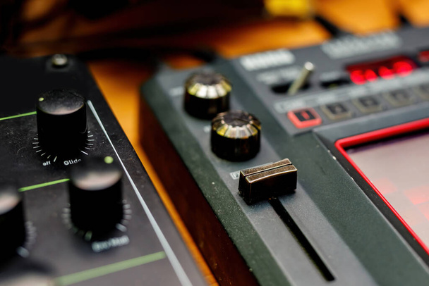 The surface with sliders of a sound mixer controller. - Zdjęcie, obraz