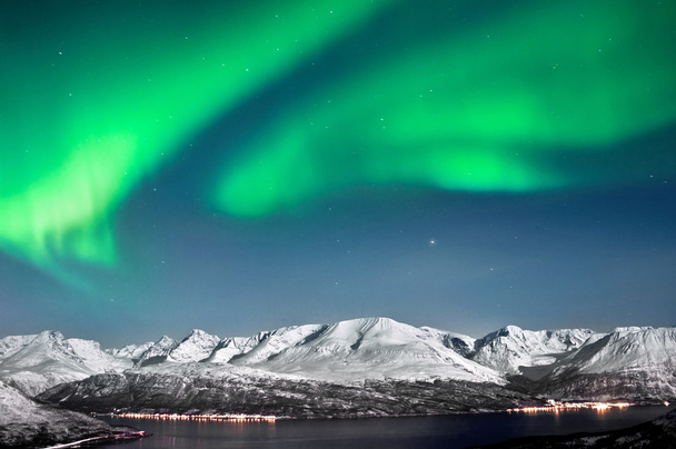 Northern lights above fjords in Norway - Photo, Image