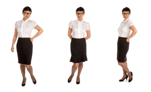 ásia feminino escritório trabalhador no branco camisa e preto saia vestindo óculos
 - Foto, Imagem