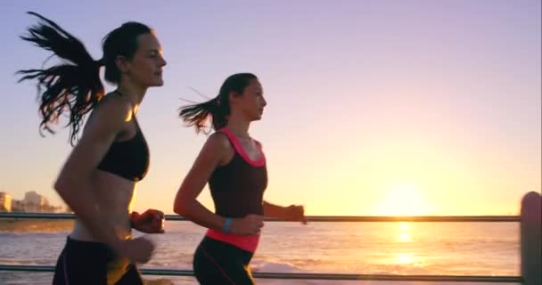 4k video footage of two friends jogging on the promenade at sunset. - Filmati, video