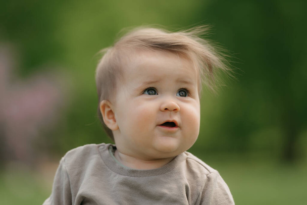 Un retrato cercano de un niño de 7 meses que está jugando en el prado. Una niña se arrastra sobre la hierba. - Foto, Imagen