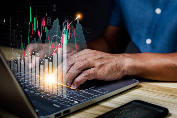 Technology, finance, business and investment ideas, stock market funds and digital assets. Businessman analyzing forex trading charts, financial data, business finance history. - Foto, afbeelding
