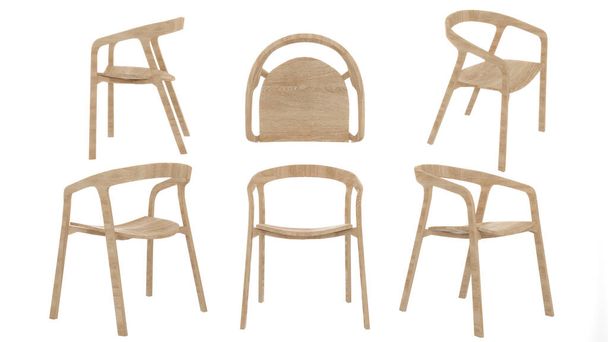 деревянный обеденный стул на белом фоне, вид сверху, сбоку, 3d рендеринг - Фото, изображение
