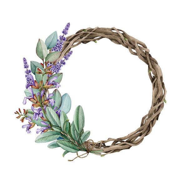 Floral wreath with sage, lavender, eucalyptus. Watercolor illustration. Rustic style vine twisted wreath with aroma garden herbs. Sage, lavender flowers, eucalyptus round decor. - Photo, Image