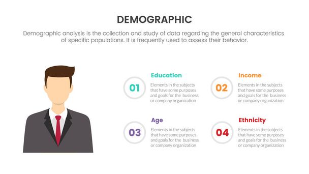 mužská demografie infografický koncept prezentace se 4 bodovým seznamem a informačním popisem vektorové ilustrace - Vektor, obrázek