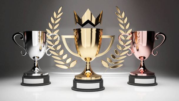 Gold trophy of the 1st place, 2nd place got a silver trophy and 3rd place got a bronze trophy.,The championship was the pinnacle of success.,competition winner,3d rendering - Foto, Imagen