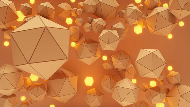 Abstract brown origami shape object background with neon light balls floating in the air.,3d rendering - Foto, Imagen