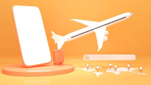 use your mobile phone in airline booking, orange mobile phone on orange circle podium for international travel search, mobile simulation, 3D rendering. - Photo, Image
