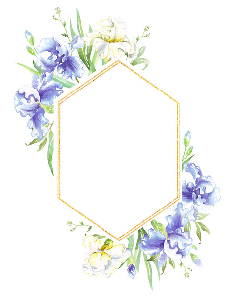 Watercolor iris frame. Hand-painted clipart - Photo, Image