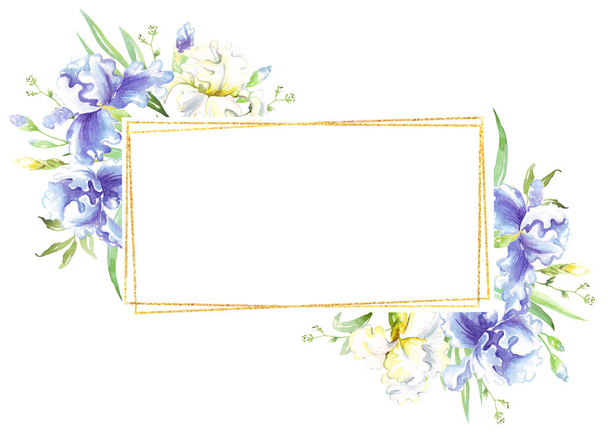 Watercolor iris frame. Hand-painted clipart - Foto, Imagem