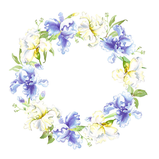 Watercolor iris wreath. Hand-painted clipart - Zdjęcie, obraz