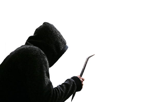 Criminal with crowbar near the doors. Robber in dark hoodie. Isolated on white background. - Foto, immagini