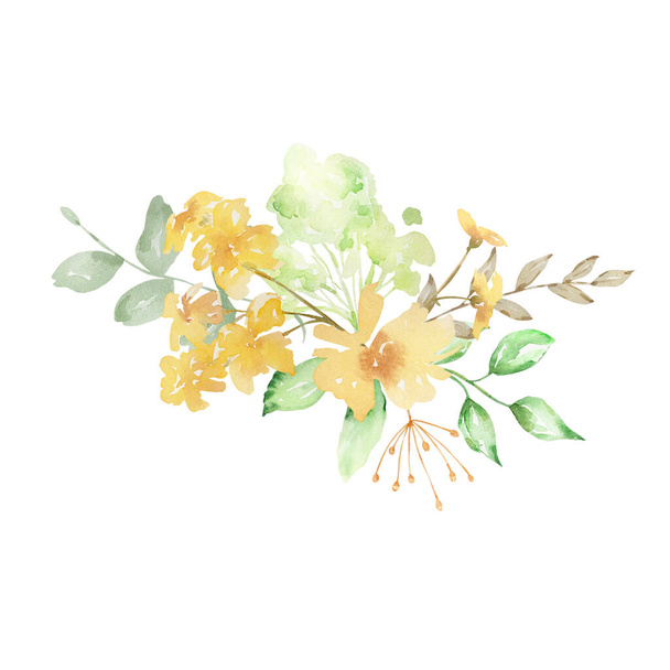 Watercolor bouquet of yellow flowers and green leaves - Fotó, kép