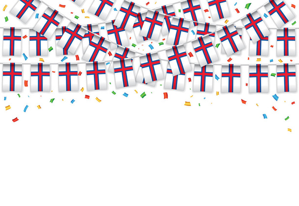 Faeroe Islands flag garland white background with confetti, Hang bunting for independence Day celebration template banner, Vector illustration - Vector, Imagen