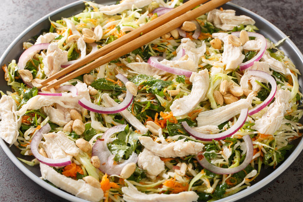 Ensalada de pollo vietnamita Goi Ga Bap Cai de pollo, col, zanahorias, cebollas y cilantro, mezclado con un primer plano de salsa de pescado dulce y salado en el plato de la mesa. Horizonta - Foto, Imagen