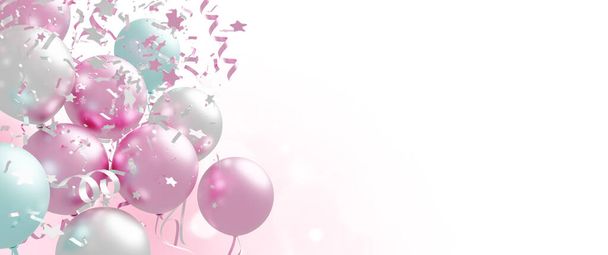 Balloons and foil confetti falling on white background with copy space 3d render - Photo, image