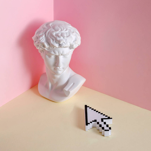 Statue bust head of Michelangelo's David in corner or cul-de-sac as problem concept and pixel mouse pointer cursor. Minimal pastel creative concept. - Photo, Image