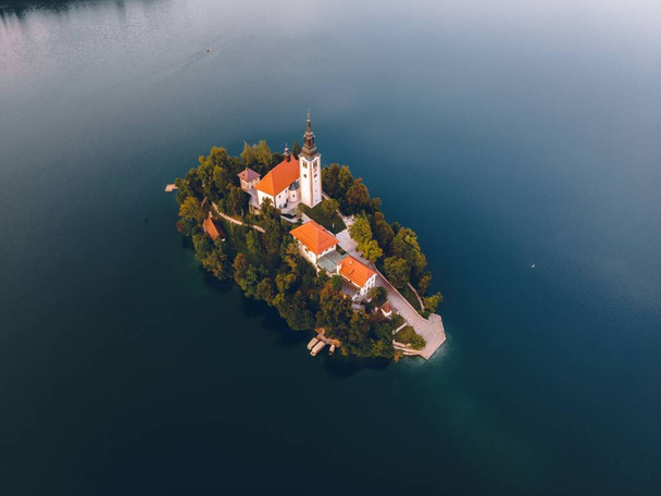 An aerial shot of a castle in Lake Bled in Slovenia - Photo, Image