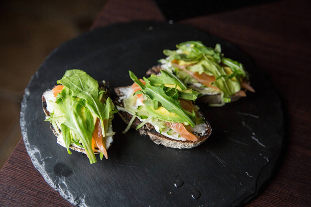  Food, close up of delicious salmon toasts  - 写真・画像
