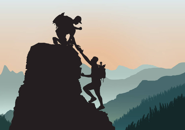 Silhouette of two people climbing mountain helping each other on rocky mountains background, helping hand and assistance concept vector illustration - Vector, Imagen