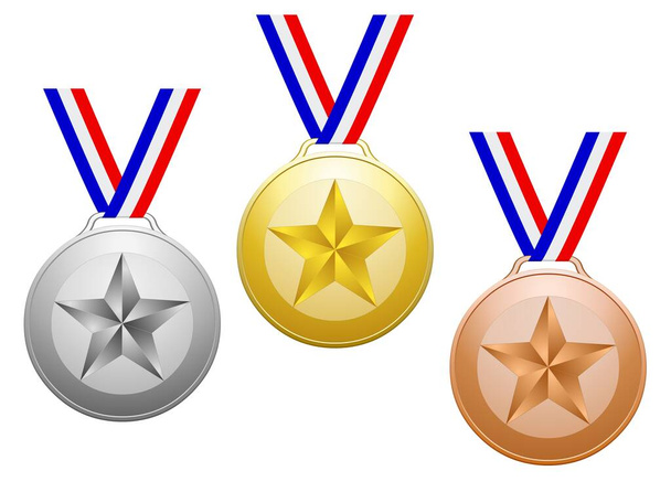 Μετάλλια με αστέρια και κορδέλες σε μπλε λευκό κόκκινο - Διάνυσμα, εικόνα