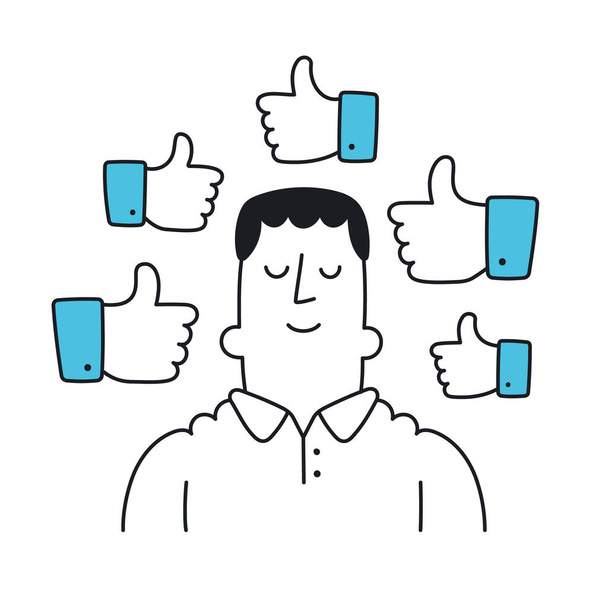 Positive feedback. Man surrounded by thumb up signs. Outline, linear, thin line, doodle art. Simple style with editable stroke. - Vector, Image