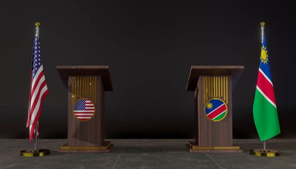 Drapeau des États-Unis et Namibie. Négociations États-Unis Namibie. Rostrum pour les discours. Travail 3D et image 3D - Photo, image