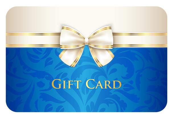 Blue gift card with damask ornament and cream ribbon - Vector, Image