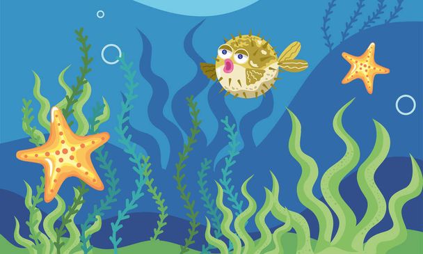Kirpi balığı ve algler deniz yaşamı sahnesi - Vektör, Görsel