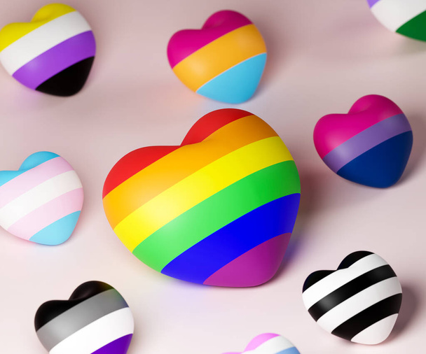 Izometryczne 3d renderowania serca z różnych kolorów LGBT na jasnoróżowym tle. - Zdjęcie, obraz