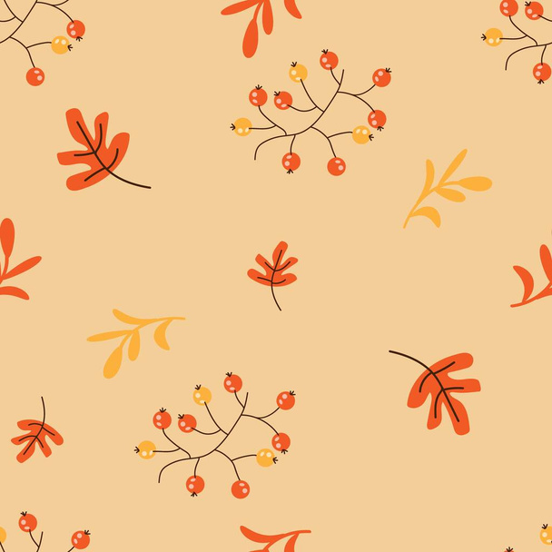 Autumn seamless pattern with cartoon oak leaves and rowan berries - Wektor, obraz