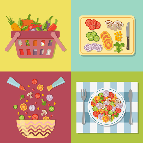 Cucinare insalata. Sane verdure fresche colorate in un piatto
 - Vettoriali, immagini