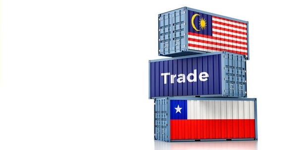 Frachtcontainer mit malaysischen und chilenischen Nationalflaggen. 3D-Rendering - Foto, Bild