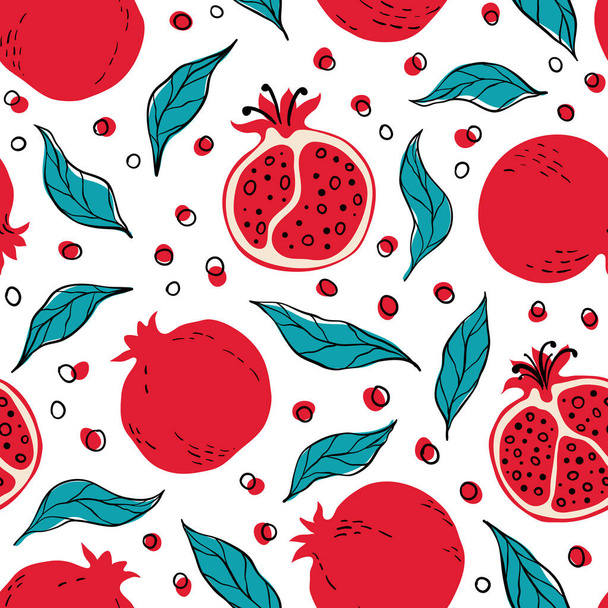 Seamless pattern with red pomegranates and pomegranate slices. Hand drawn pomegranates pattern on white background. for fabric, drawing labels, print, wallpaper of children's room, fruits background - ベクター画像