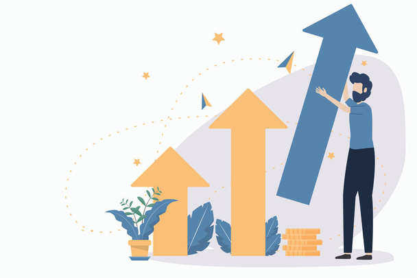 Businessman Increase profits from investments for business results. Business man making a growth graph for increase profits. Flat cartoon design vector illustration. - ベクター画像