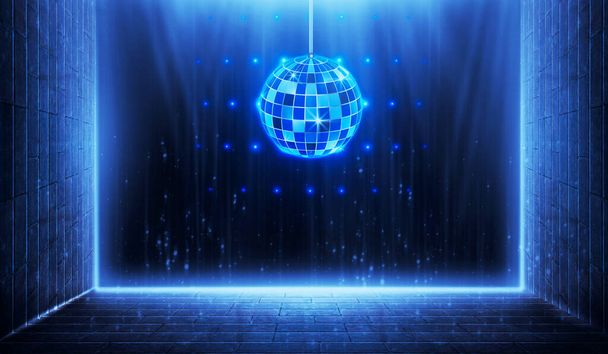 3D-Rendering Blaue Disco-Tanzfläche mit Spiegelkugeln, Mesh-Kreisen und Spotlichtern.  - Foto, Bild