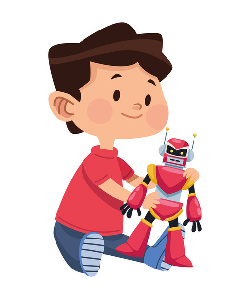menino brincando com personagem robô - Vetor, Imagem