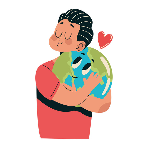 male ecologist hugging planet earth character - Vettoriali, immagini