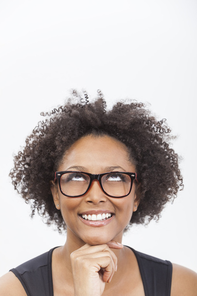 Woman looking up and wearing geek glasses - Foto, afbeelding