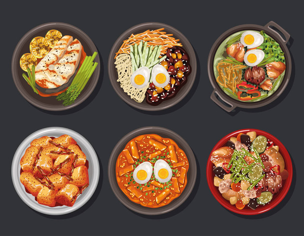 έξι ιαπωνικά πιάτα σετ τροφίμων - Διάνυσμα, εικόνα